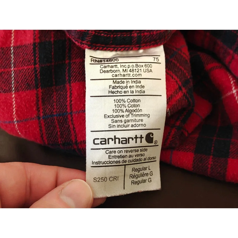 Carhartt Mens Red Black Plaid Flannel Shirt Long Sleeve Regular Fit L S250 CRI